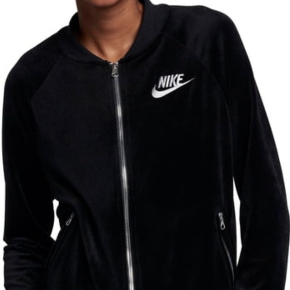 Nike Women's Black Velvet-Look Bomber Jacket with White Logo - Picture 2 of 8